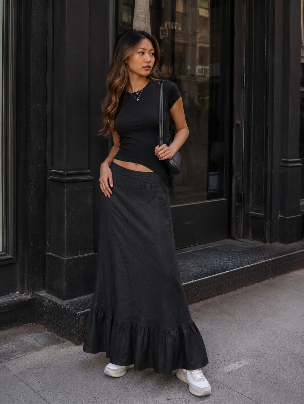 Reformation Black 100% Linen Tiered Maxi Skirt Cottagecore Quiet Luxury Size 2